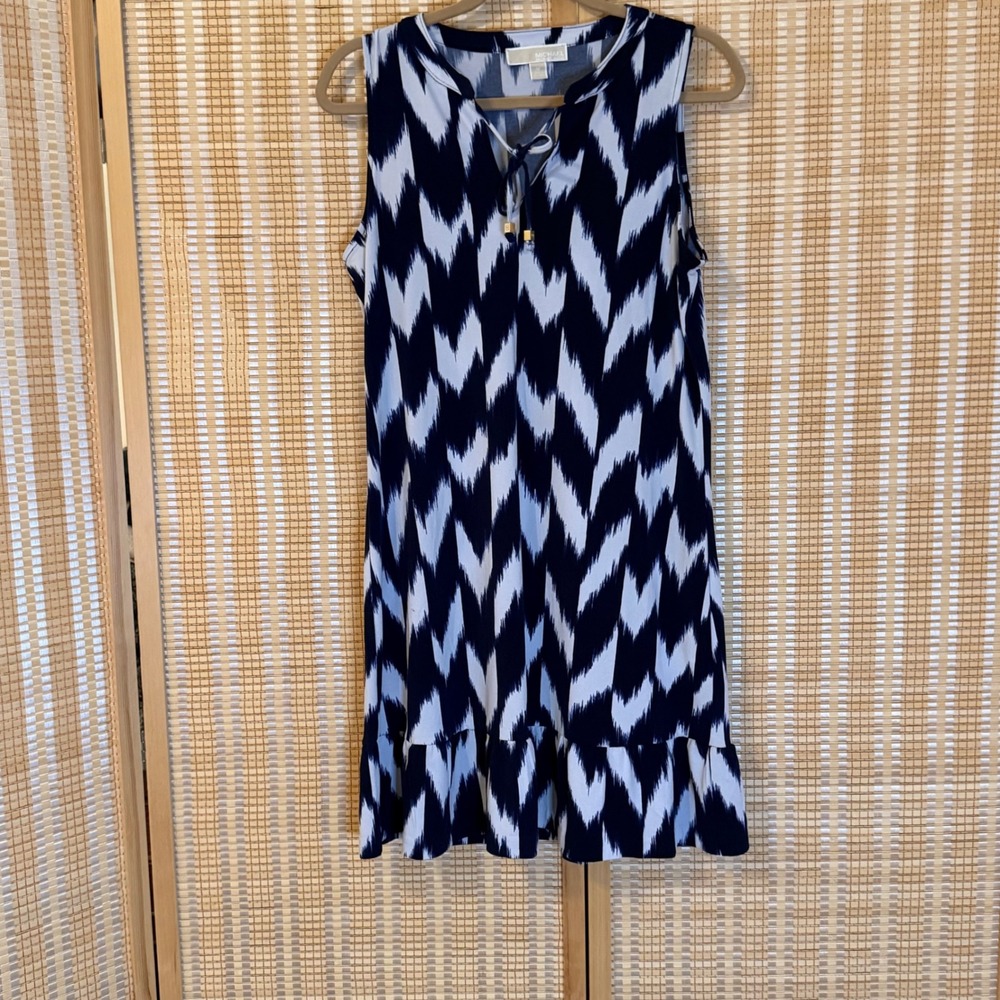 Michael Michael Kors Navy Blue White Ikat Chevron Ruffle Hem‎ Shift Dress Medium